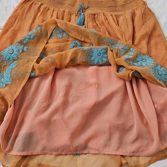 Sundance Skirt Medium Coral Orange Silk Embroidered Floral Tassels Mini Boho - Picture 6 of 9